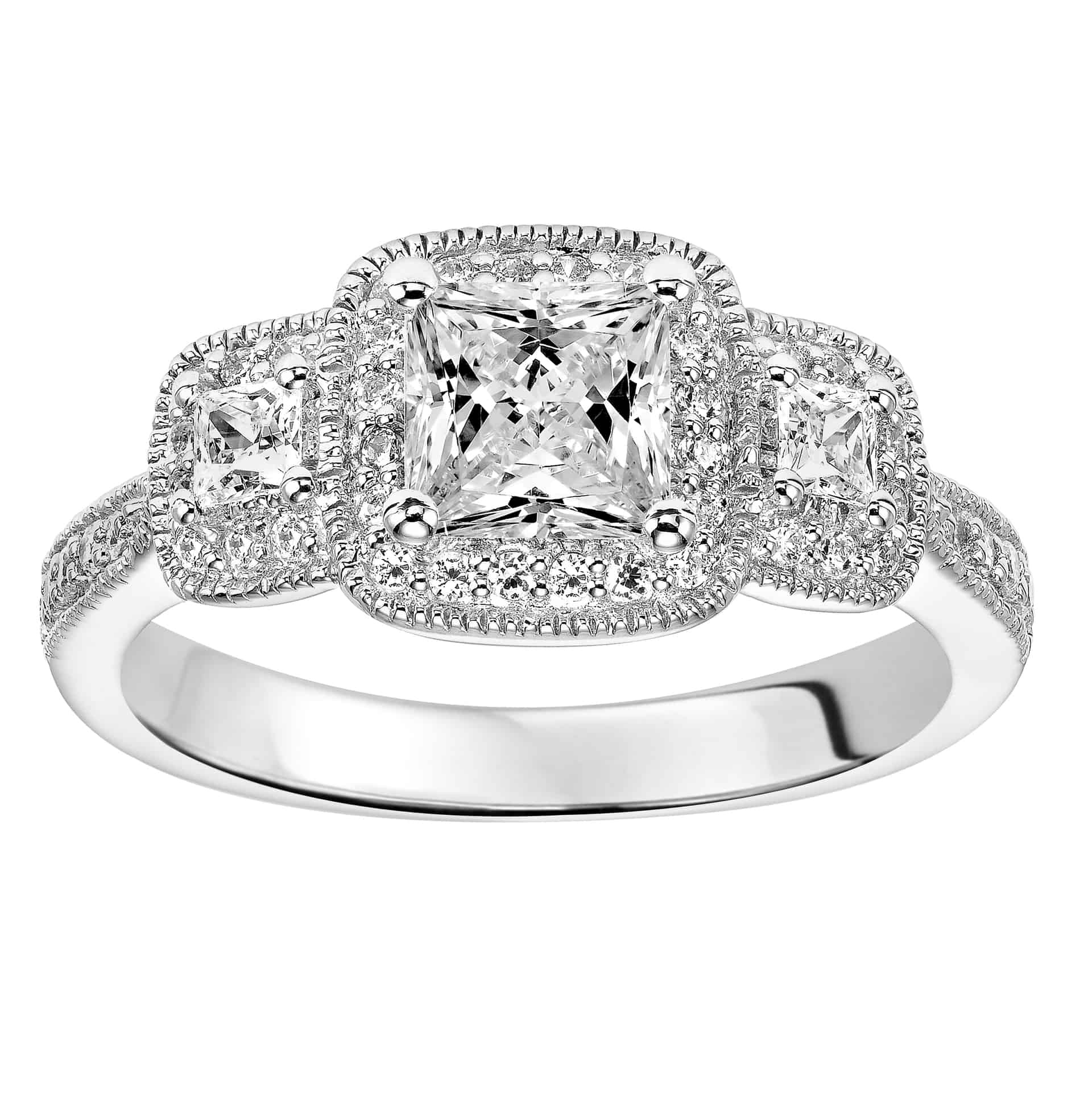 JeenMata Classic 0.50 Carat Princess Cut Diamond - Vintage - Beaded - Three Stone - Victorian Engagement Ring In 10K White Gold