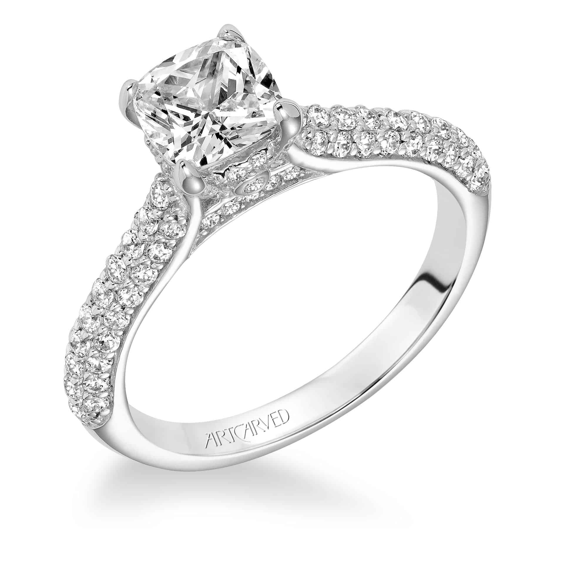 Round Brilliant Cut Solitaire Diamond Engagement Ring, 6 Button Claws Set  on a Knife Edge Pavé