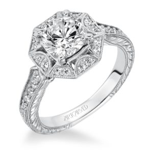 “Wihelmina” Engraved Diamond Engagement Ring with Octagon Halo