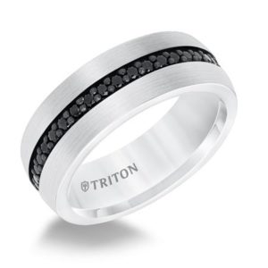 White Tungsten Band with Black Sapphire Inlay