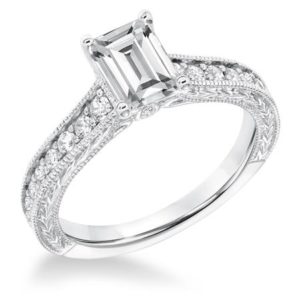Hand Engraved Emerald Cut Diamond Engagement Ring